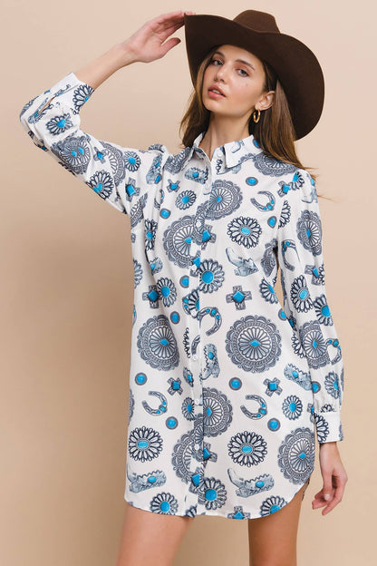 Western Concho Print Button Down Shirt Dress