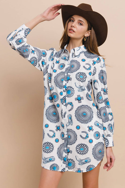 Western Concho Print Button Down Shirt Dress