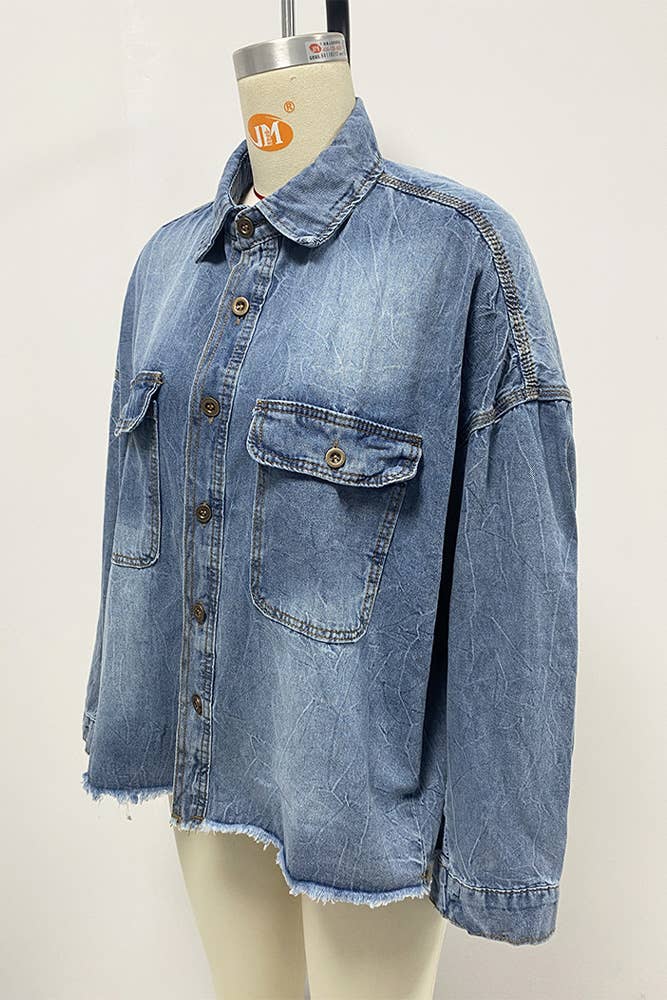 Blue Drop-Shoulder Pocket Retro Loose Fit Denim Shirt