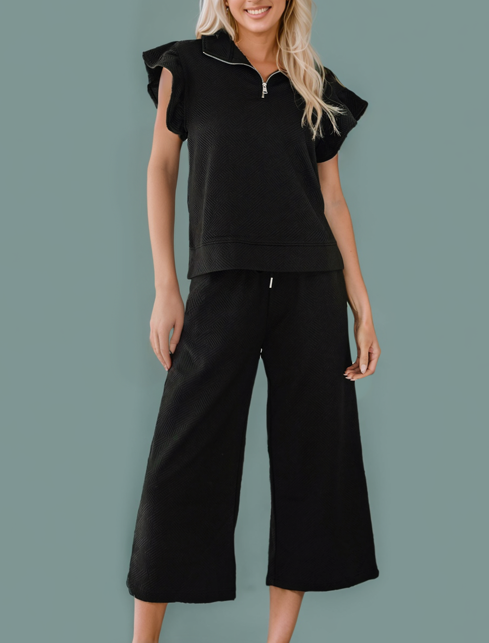 Black Textured Flutter Sleeve Top Wide Leg Pants Set