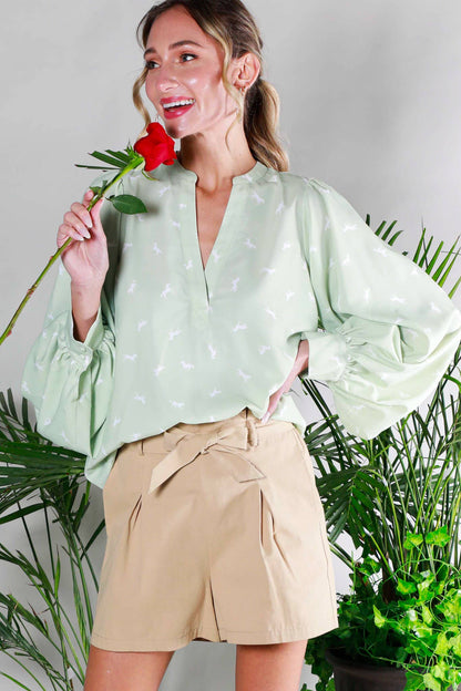 V-Neck All-Over Horse Print Balloon Sleeve Blouse: Sage