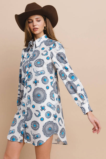 Western Concho Print Button Down Shirt Dress