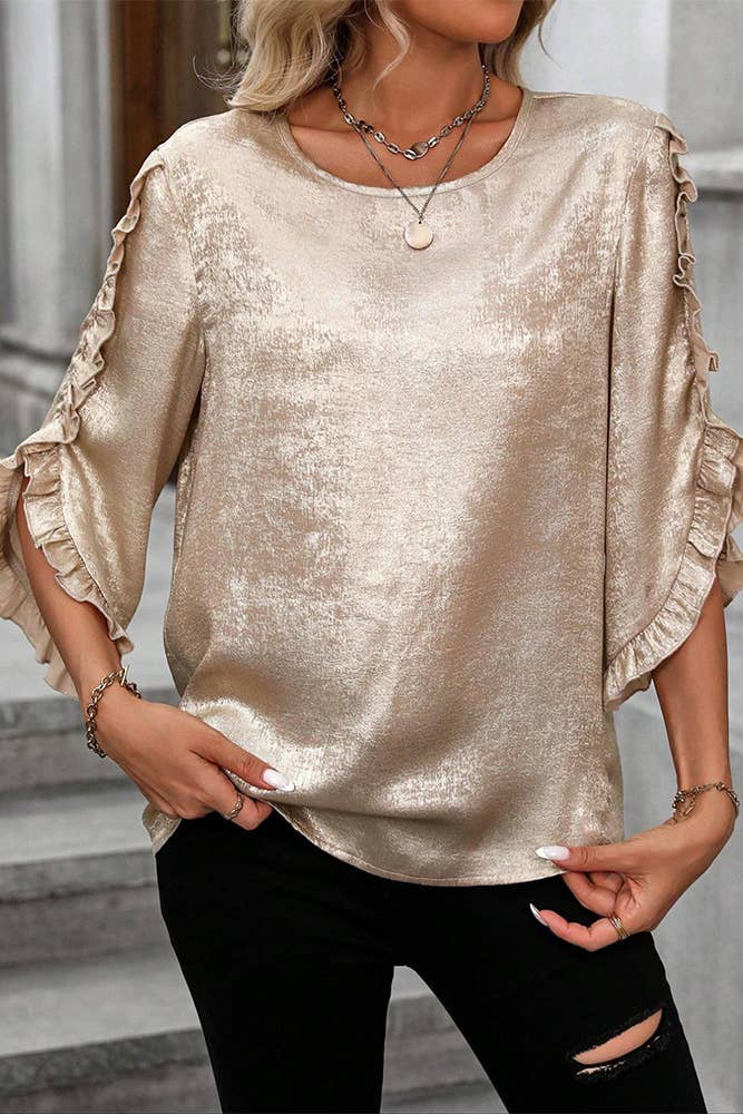 Ruffle Sleeve Satin Fabric Casual Long Sleeve Shirt