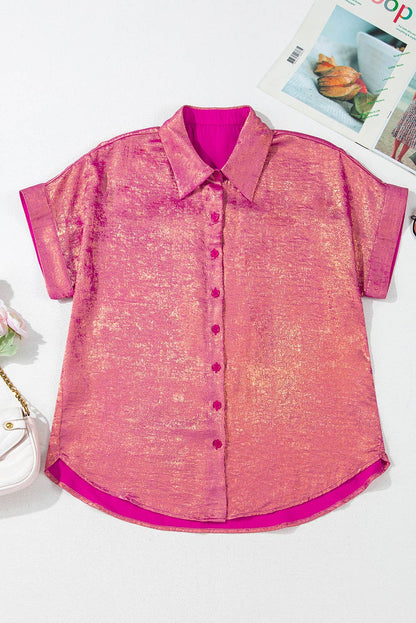 Metallic Buttoned Front  Short Sleeve Casual Shirt