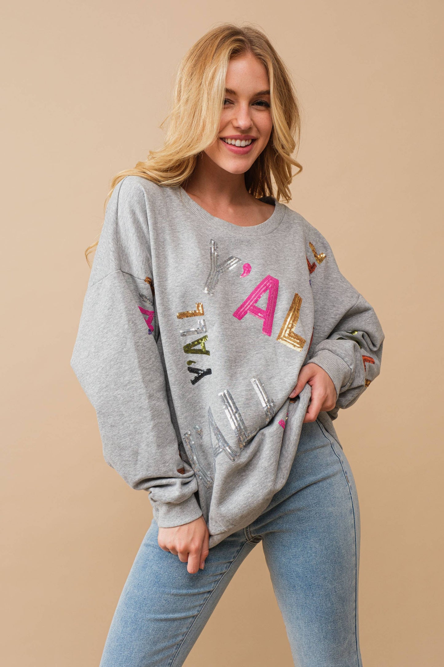 Sequin Embellished Y'all Graphic Sweatshirt