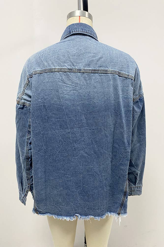 Blue Drop-Shoulder Pocket Retro Loose Fit Denim Shirt