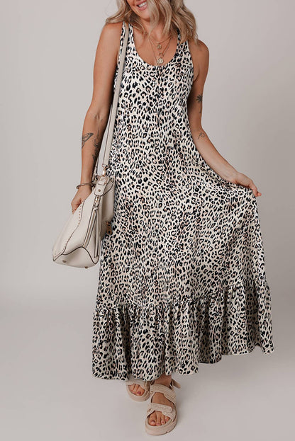 Wild Leopard Halter Neck Backless Ruffled Maxi Dress