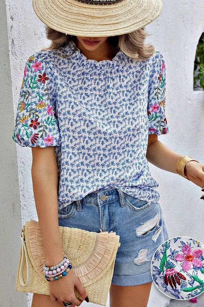 Frilled Collar Embroidery Floral Sleeves Blouse