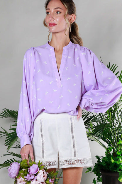 V-Neck All-Over Horse Print Balloon Sleeve Blouse: Lavender