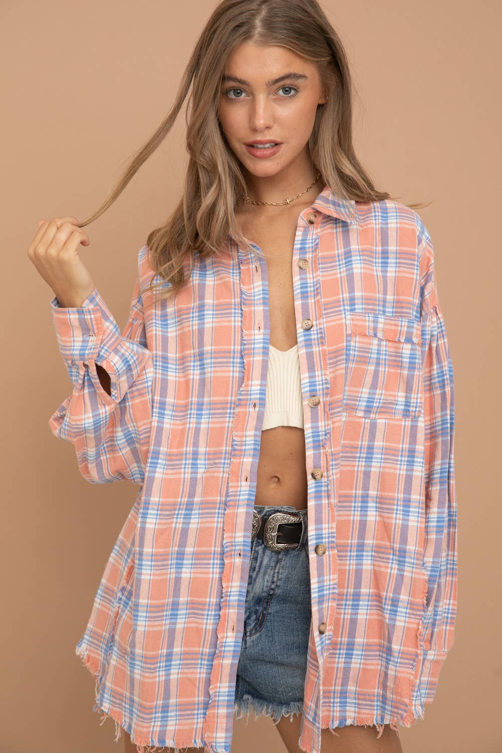 Cowboy Boots Graphic Back Plaid Oversized Shirt:  CORAL ALMOND