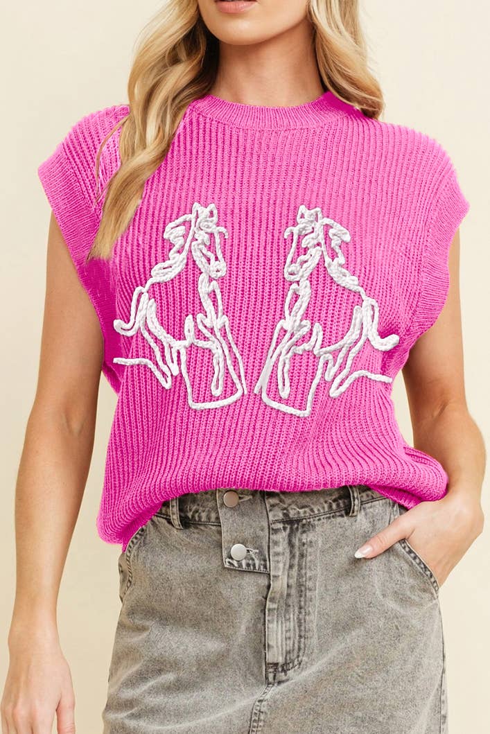 Pink Western Horse Embroidery Sweater Top