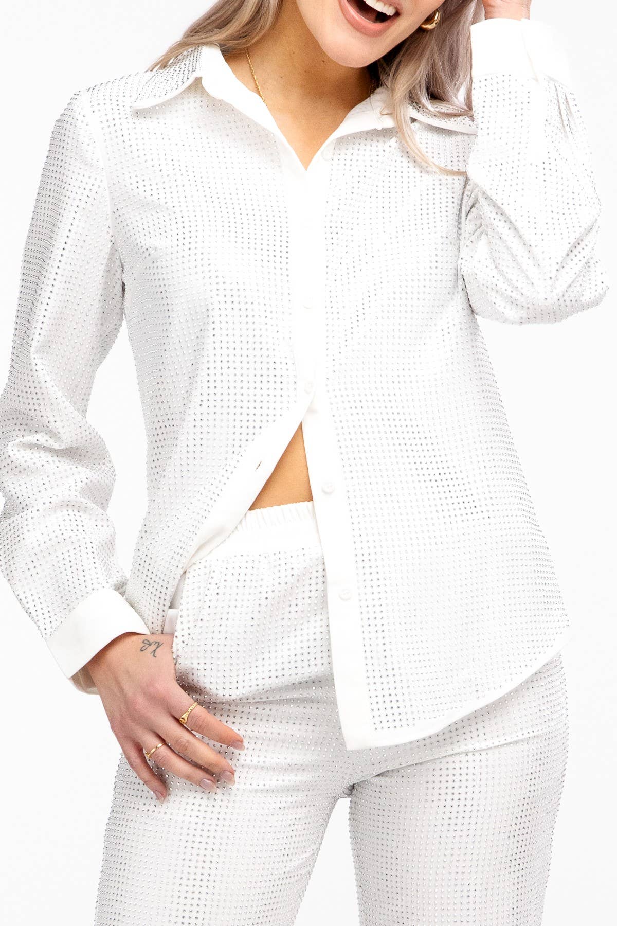 White Sequin Detail Button Down Top