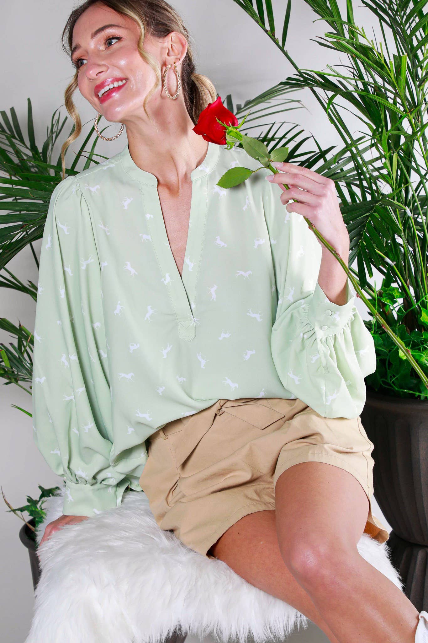 V-Neck All-Over Horse Print Balloon Sleeve Blouse: Sage