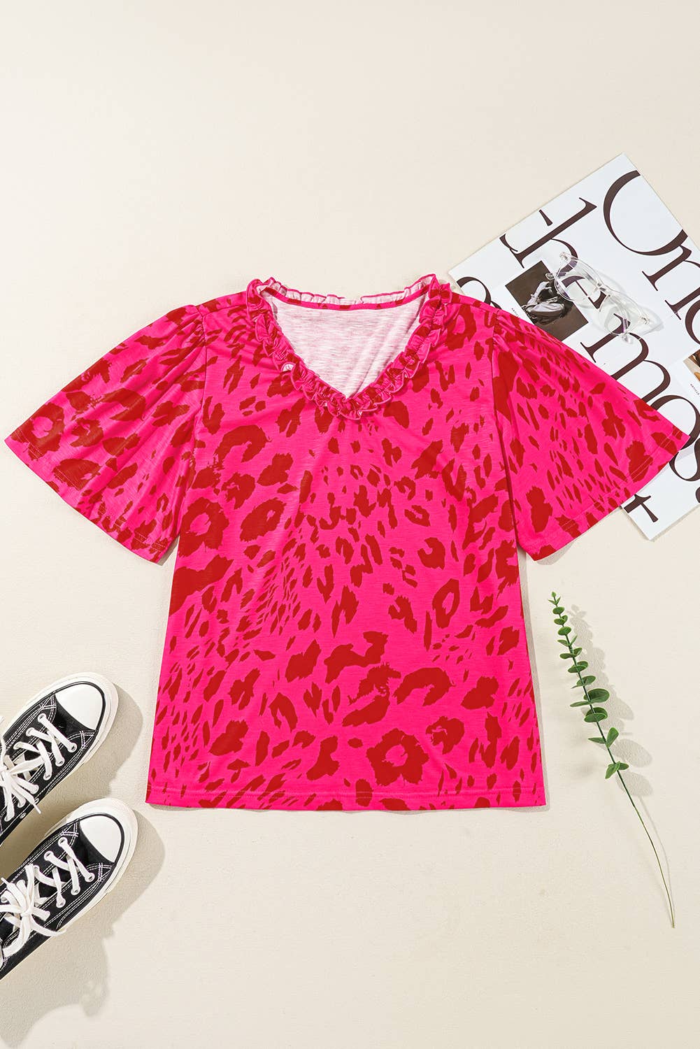 Pink Leopard Frilly V Neck Top