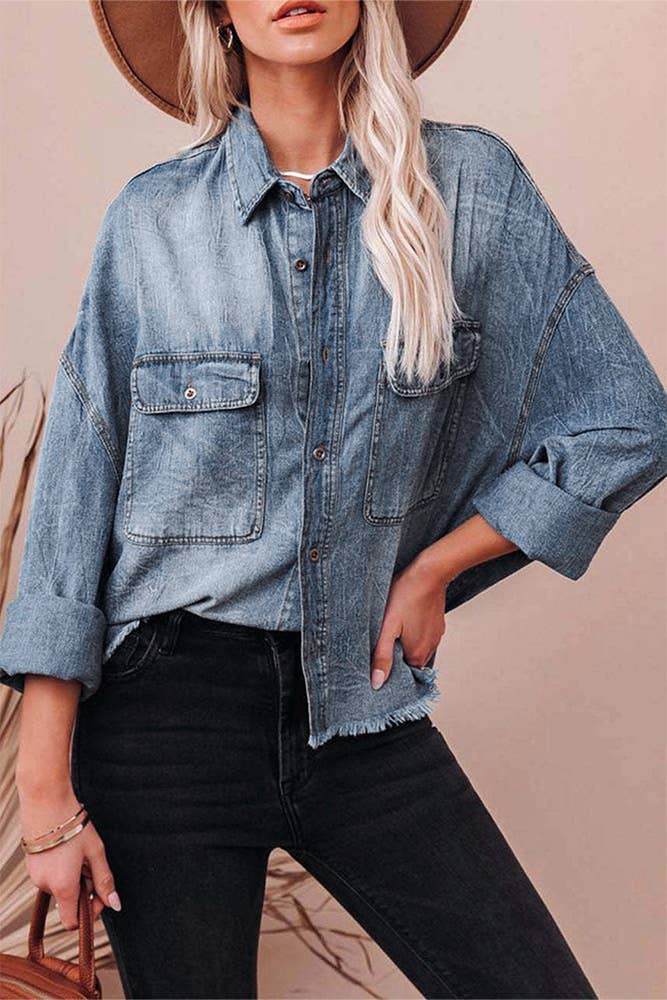 Blue Drop-Shoulder Pocket Retro Loose Fit Denim Shirt