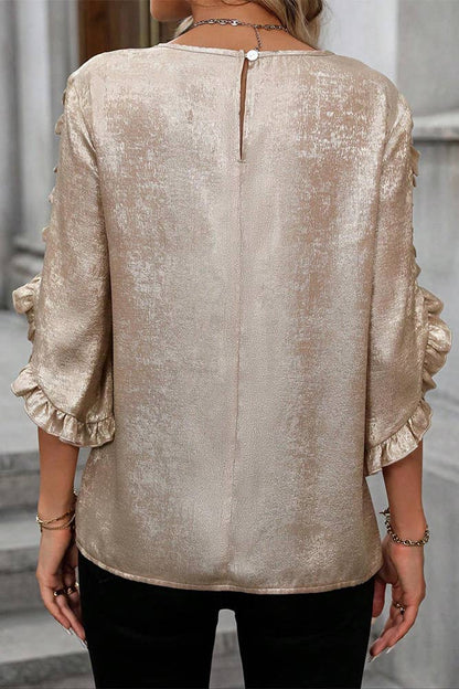 Ruffle Sleeve Satin Fabric Casual Long Sleeve Shirt