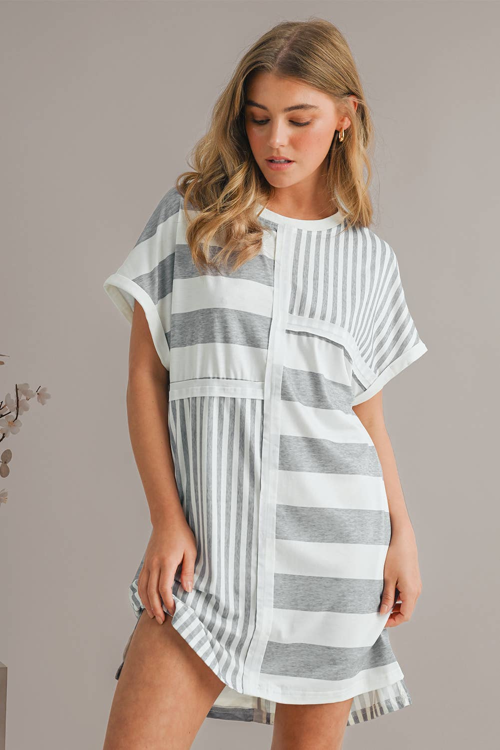 Striped Short Sleeve Shift Mini T Shirt Dress