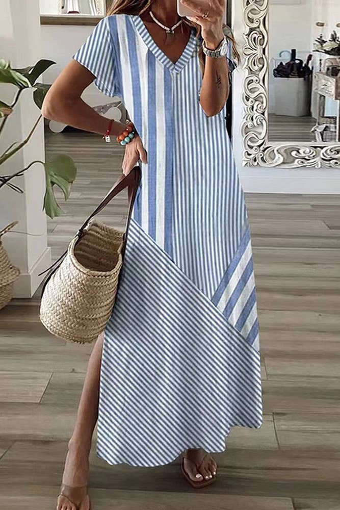 Short Sleeve Stripe Maxi Dress