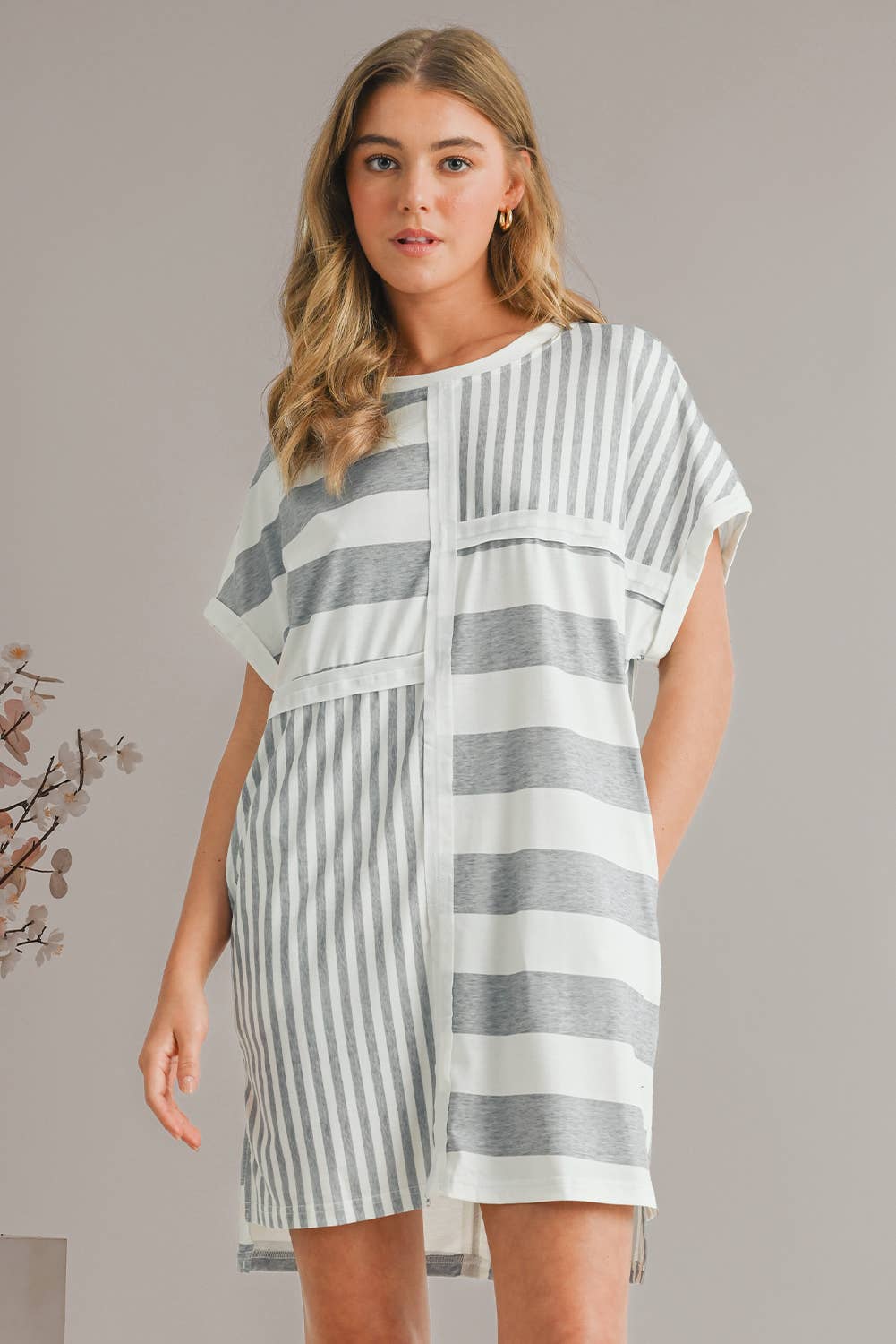 Striped Short Sleeve Shift Mini T Shirt Dress