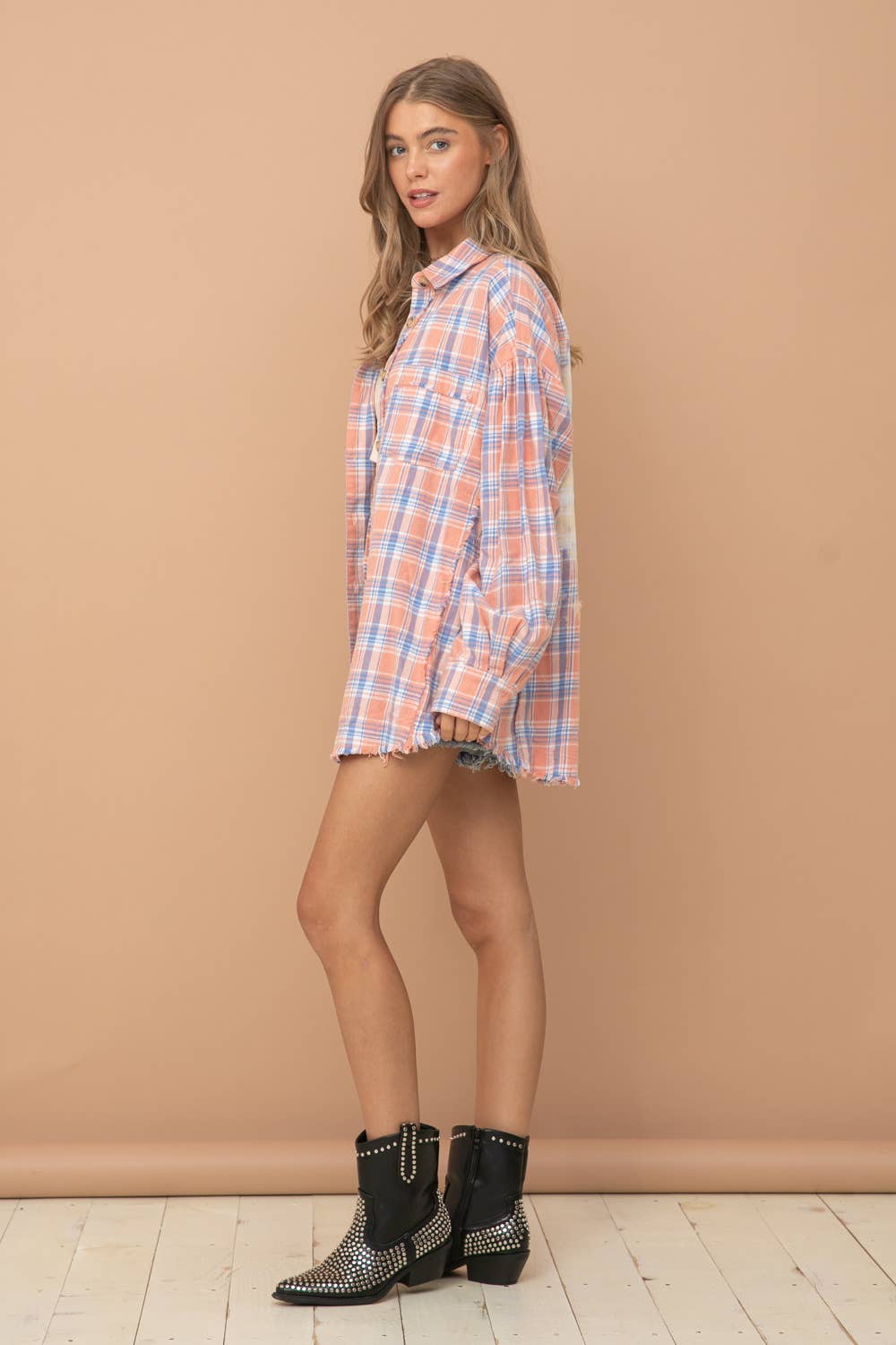 Cowboy Boots Graphic Back Plaid Oversized Shirt:  CORAL ALMOND