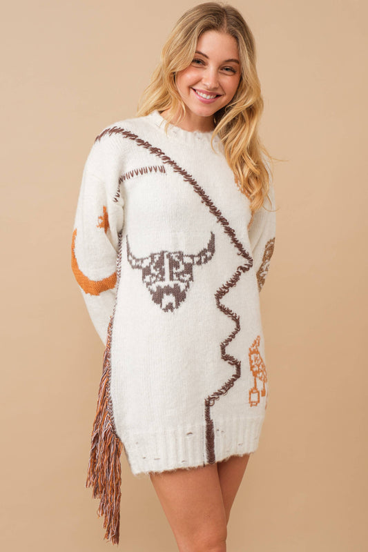 One Side Fringe Distressed Rib Edge Sweater Dress