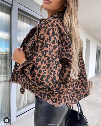 Ladies Long Sleeves Leopard Print Daily Denim Jacket