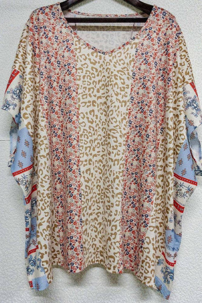 Color Block Leopard Floral Bat Wing Sleeves Blouse