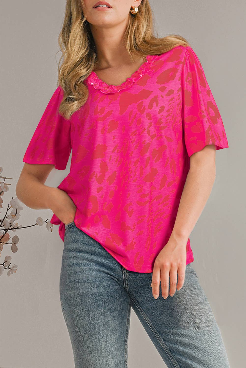 Pink Leopard Frilly V Neck Top