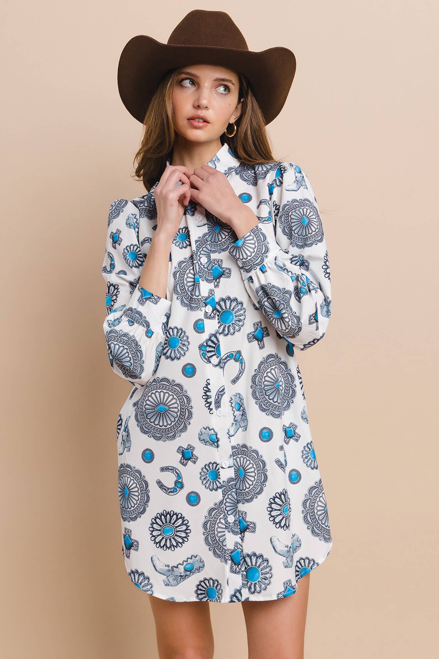 Western Concho Print Button Down Shirt Dress