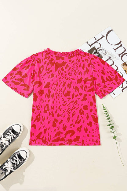 Pink Leopard Frilly V Neck Top