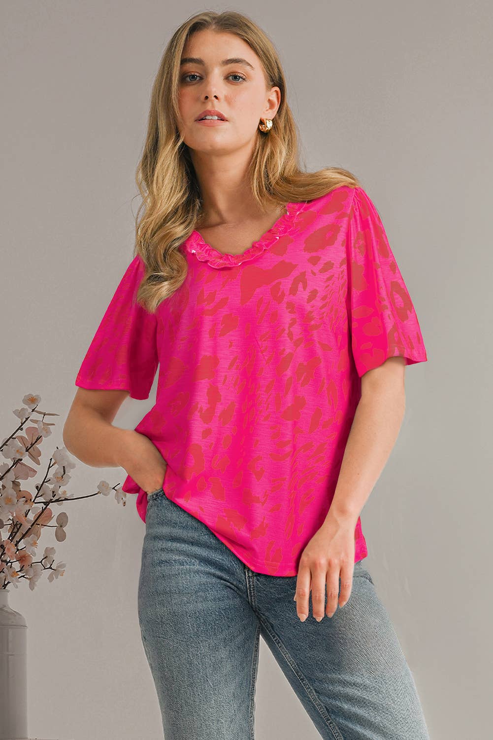 Pink Leopard Frilly V Neck Top