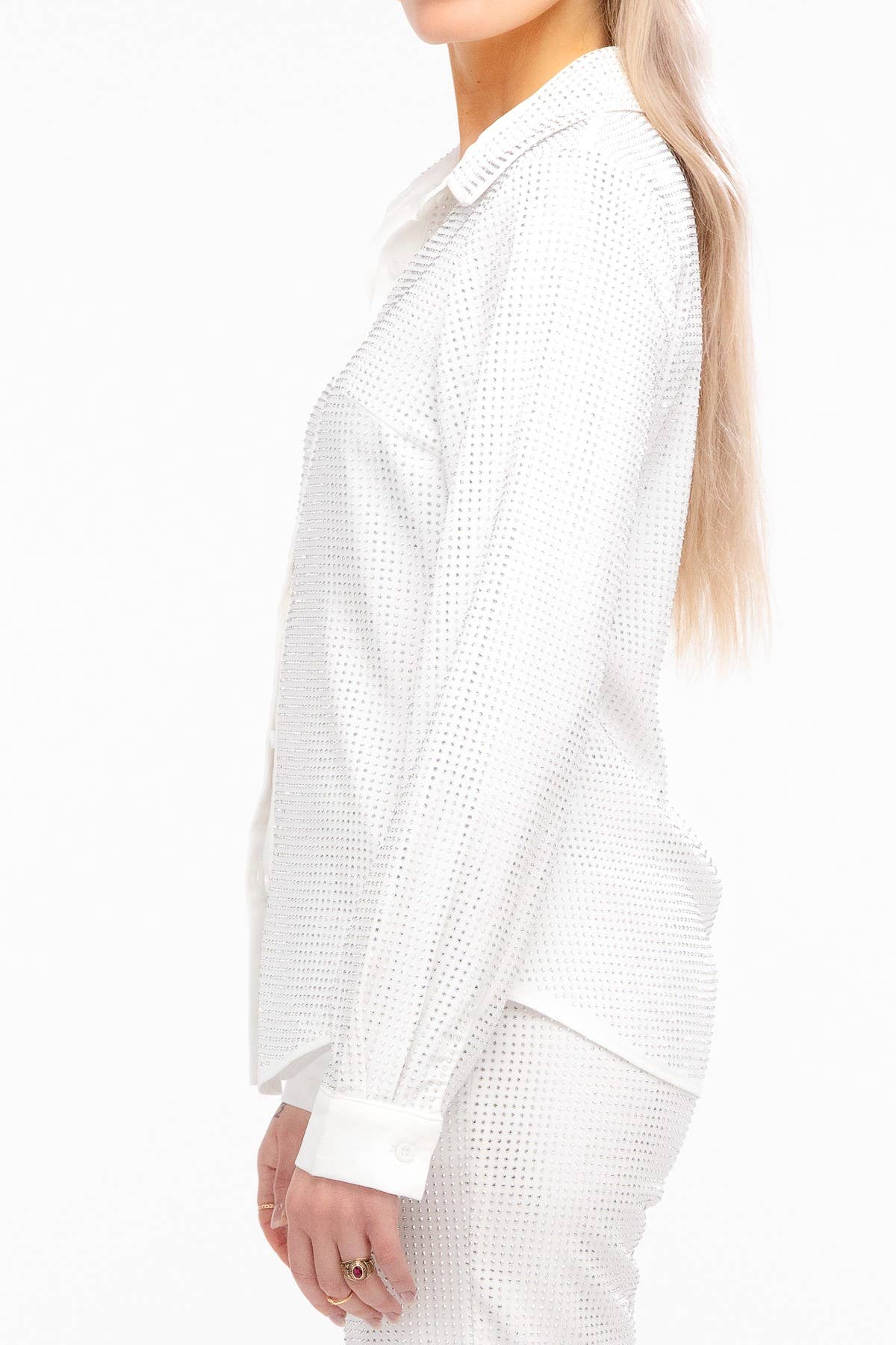 White Sequin Detail Button Down Top