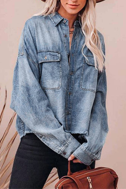 Blue Drop-Shoulder Pocket Retro Loose Fit Denim Shirt