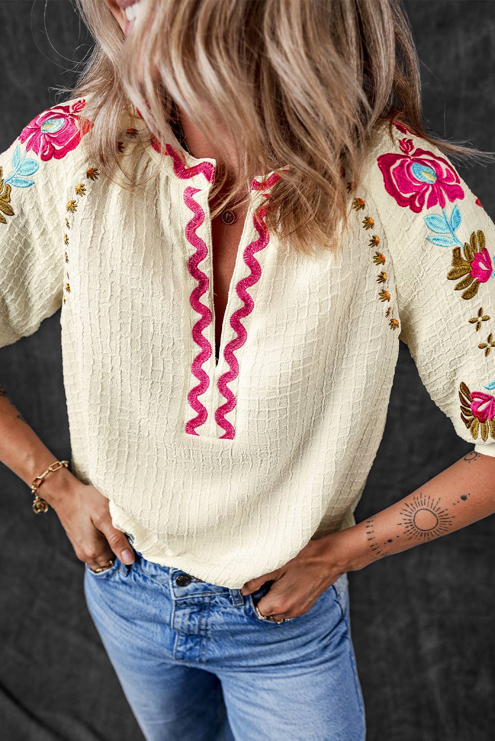 Chic Floral Embroidered Ricrac V Neck Blouse