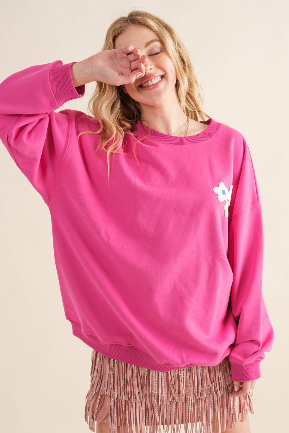 French Terry Graphic Pullover Sweatshirt HOT PINK