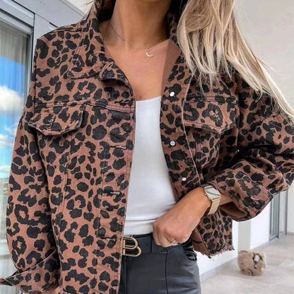 Ladies Long Sleeves Leopard Print Daily Denim Jacket