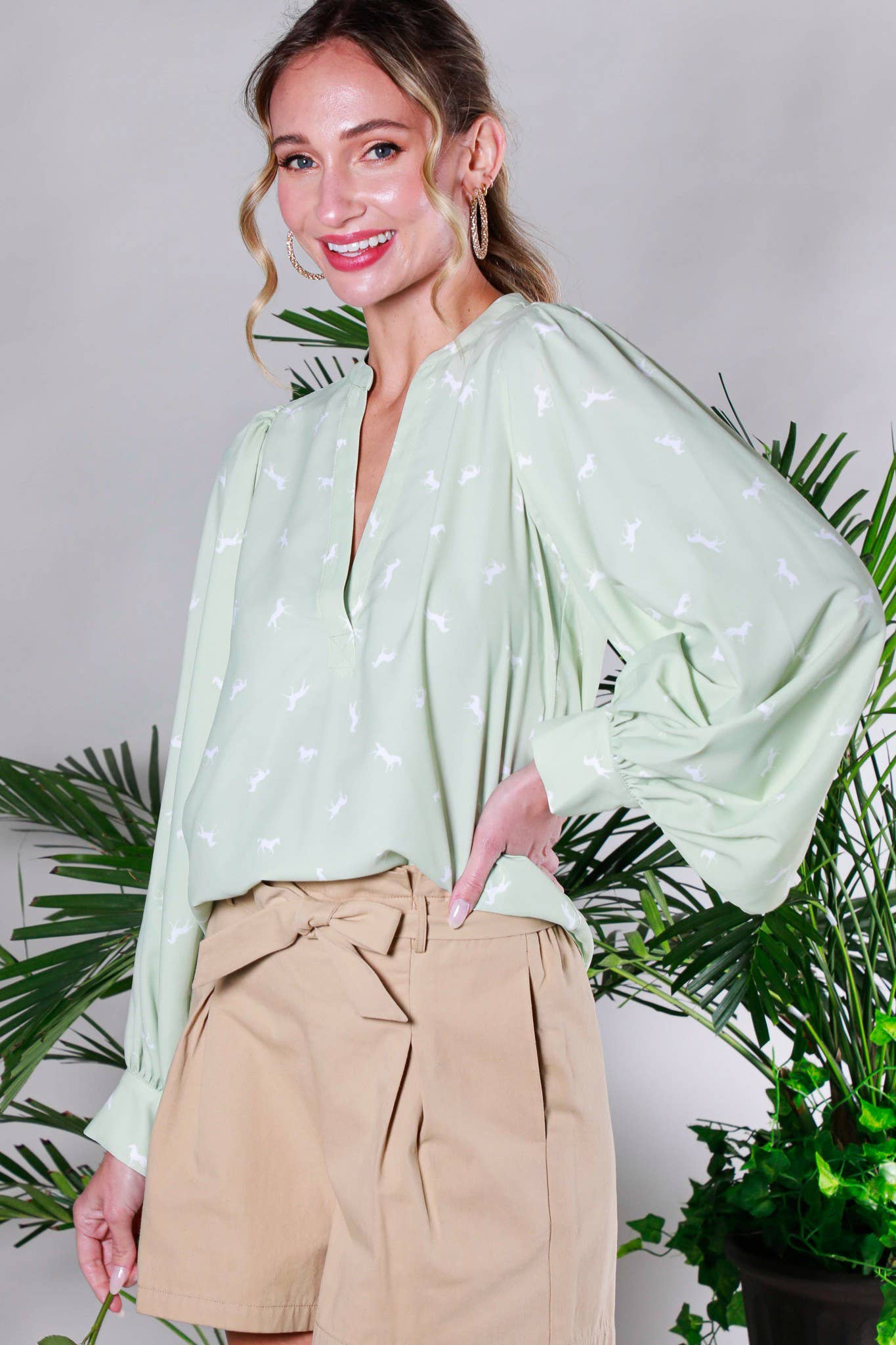 V-Neck All-Over Horse Print Balloon Sleeve Blouse: Sage