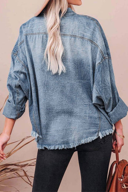 Blue Drop-Shoulder Pocket Retro Loose Fit Denim Shirt