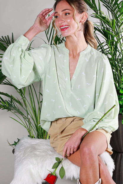 V-Neck All-Over Horse Print Balloon Sleeve Blouse: Sage