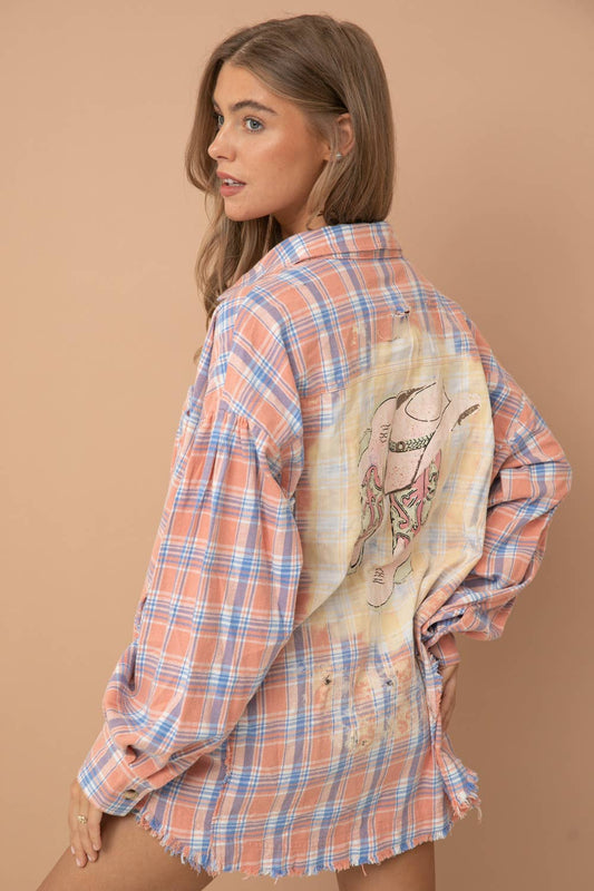 Cowboy Boots Graphic Back Plaid Oversized Shirt:  CORAL ALMOND