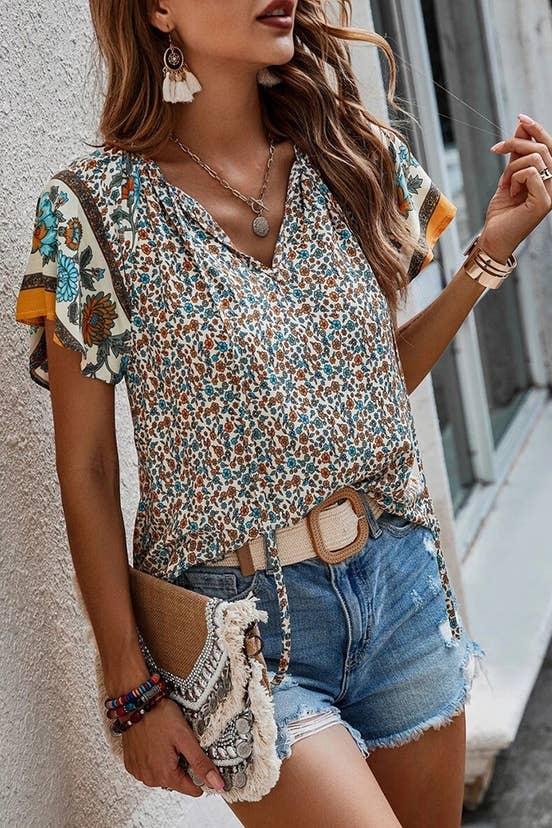 Boho Print Split V Neck Flare Sleeves Blouse