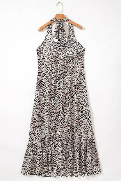 Wild Leopard Halter Neck Backless Ruffled Maxi Dress