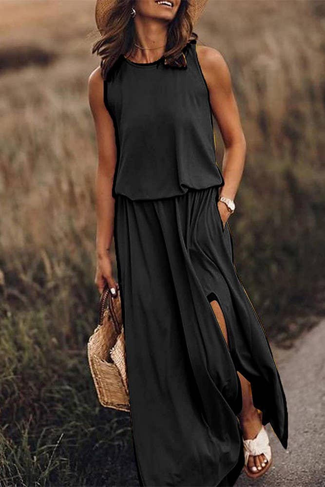 Summer Plain Crew Neck Sleeveless Maxi Dress