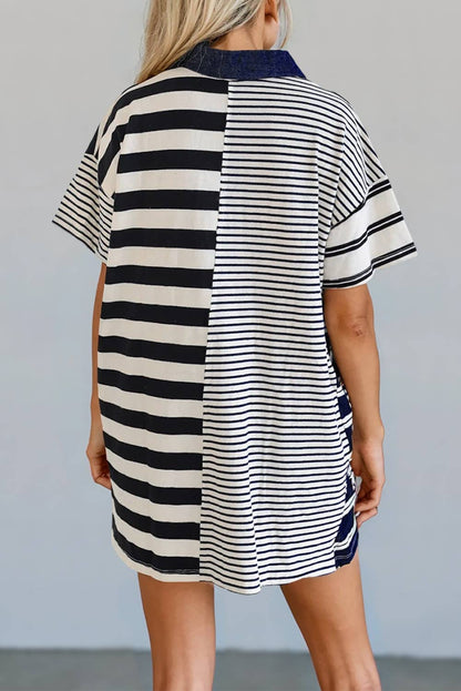 Striped Half Buttoned Polo T Shirt Dress