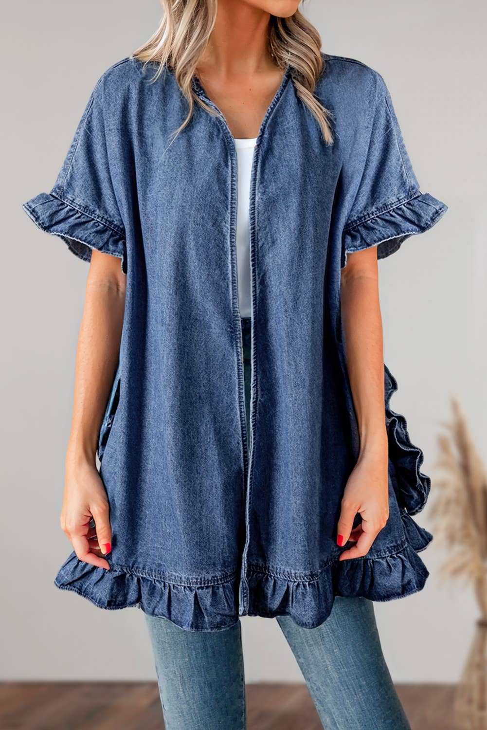 Ruffle Trim Half Sleeve Open Front Denim Kimono