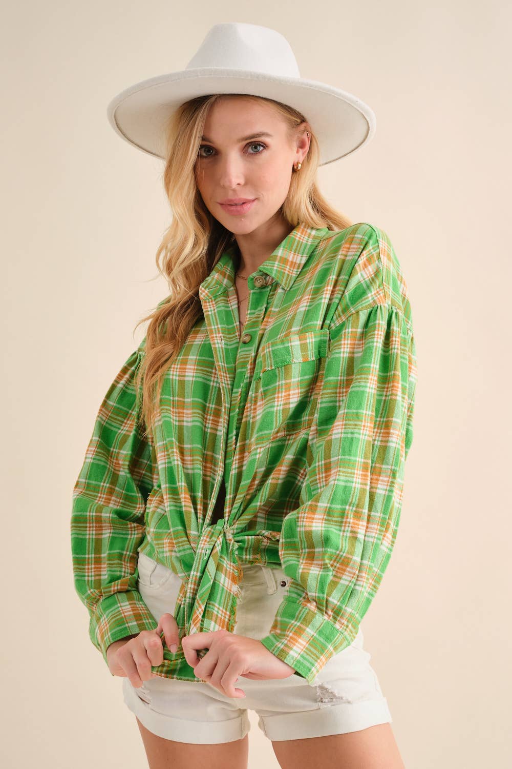 Cowboy Boots Graphic Back Plaid Oversized Shirt: GREEN