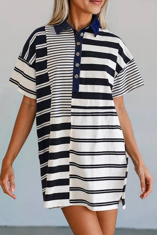 Striped Half Buttoned Polo T Shirt Dress