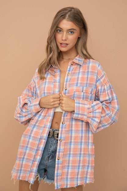 Cowboy Boots Graphic Back Plaid Oversized Shirt:  CORAL ALMOND