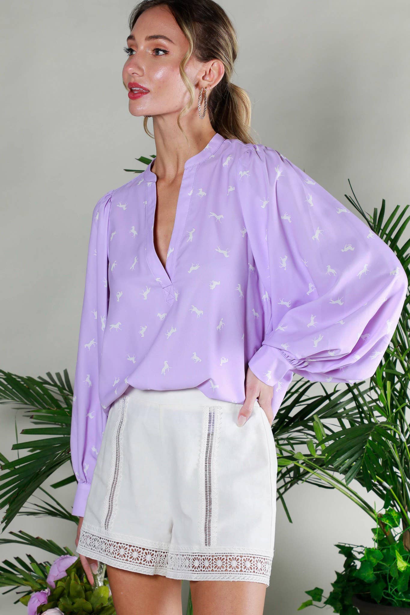 V-Neck All-Over Horse Print Balloon Sleeve Blouse: Lavender