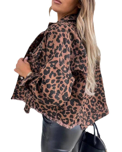 Ladies Long Sleeves Leopard Print Daily Denim Jacket